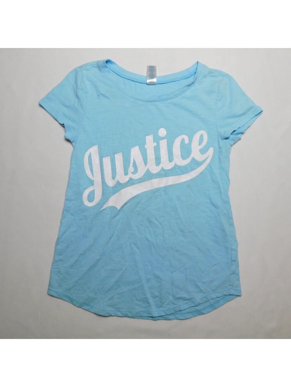 Justice Girls Shirt Size 10 Light Blue Glitter Script Spellout Logo Cap Sleeve T